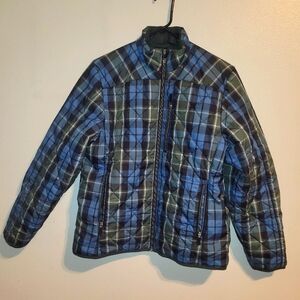 Lands End Sz M Blue Green Plaid Quilted Zip Jacket Puffer.  Women's jacket